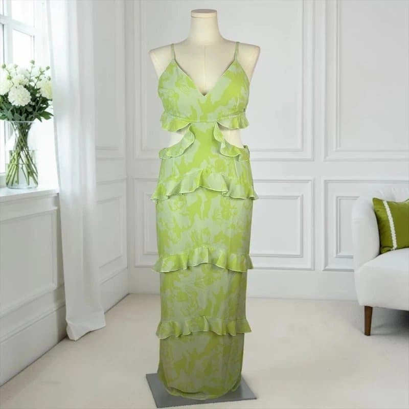 Pretty Lavish UK 16 Pretty Lavish Chiffon Cut Out Ruffle Maxi Dress Lime Green Floral Wedding Guest