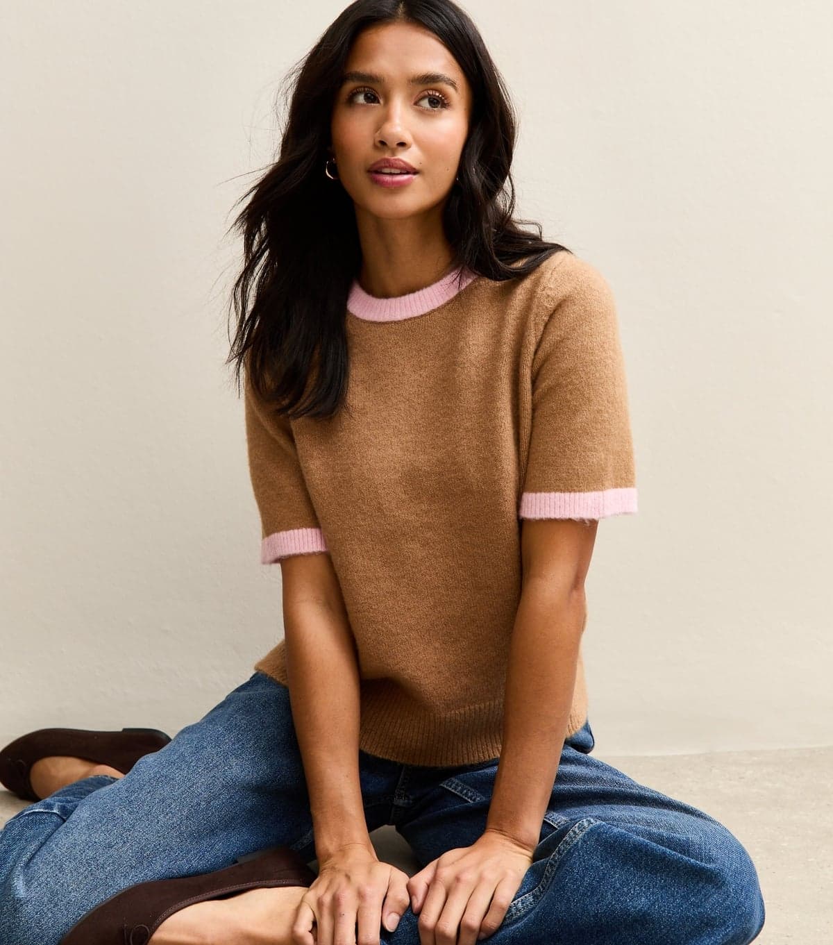 New Look Women's Petite Camel Midweight Knit Contrast Tipping Top New Look