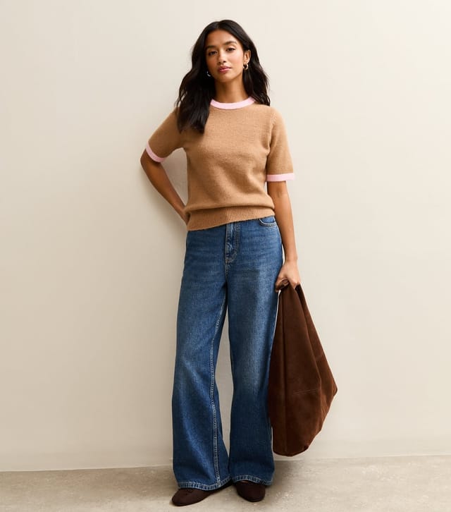 New Look Women's Petite Camel Midweight Knit Contrast Tipping Top New Look - 2