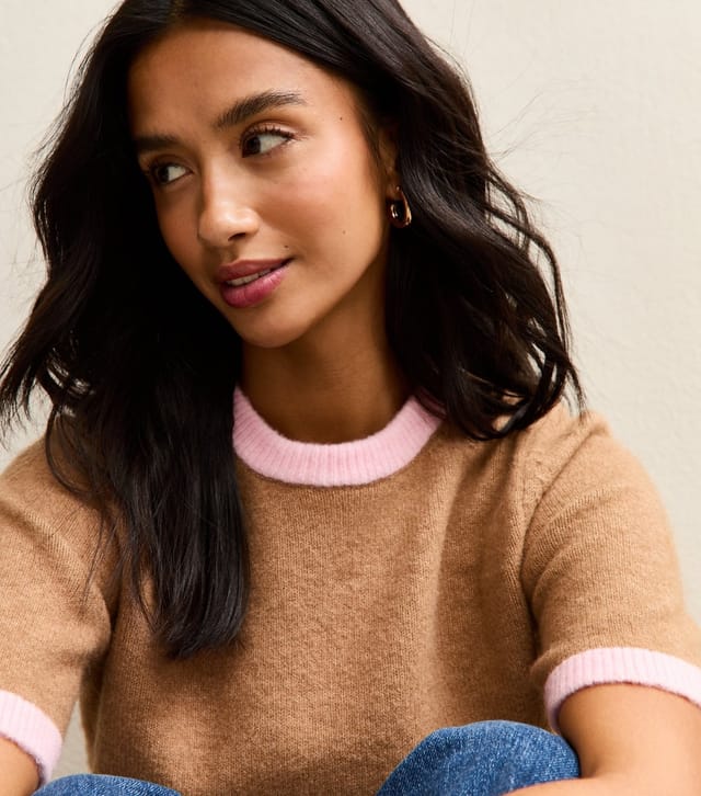 New Look Women's Petite Camel Midweight Knit Contrast Tipping Top New Look - 3