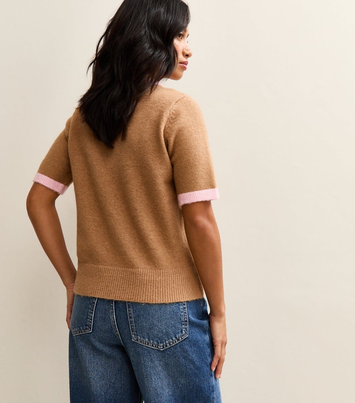 New Look Women's Petite Camel Midweight Knit Contrast Tipping Top New Look - 4