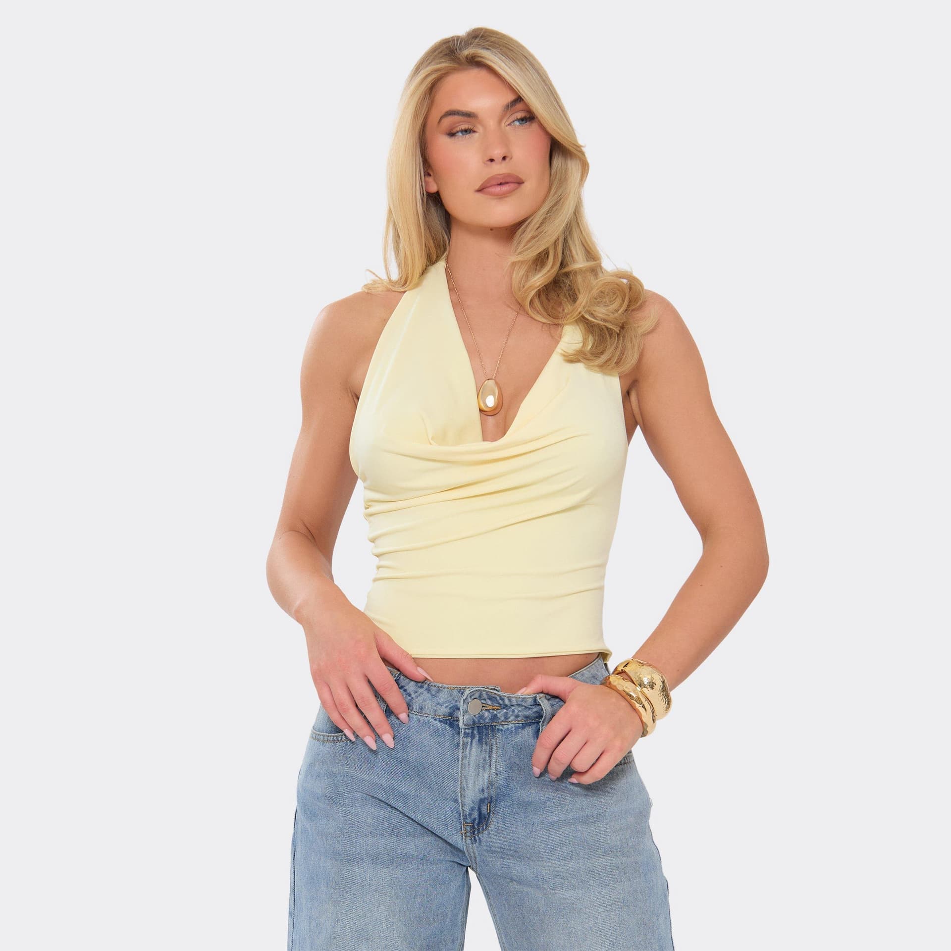 EGO Halterneck Cowl Front Top In Lemon, Women's Size UK 6