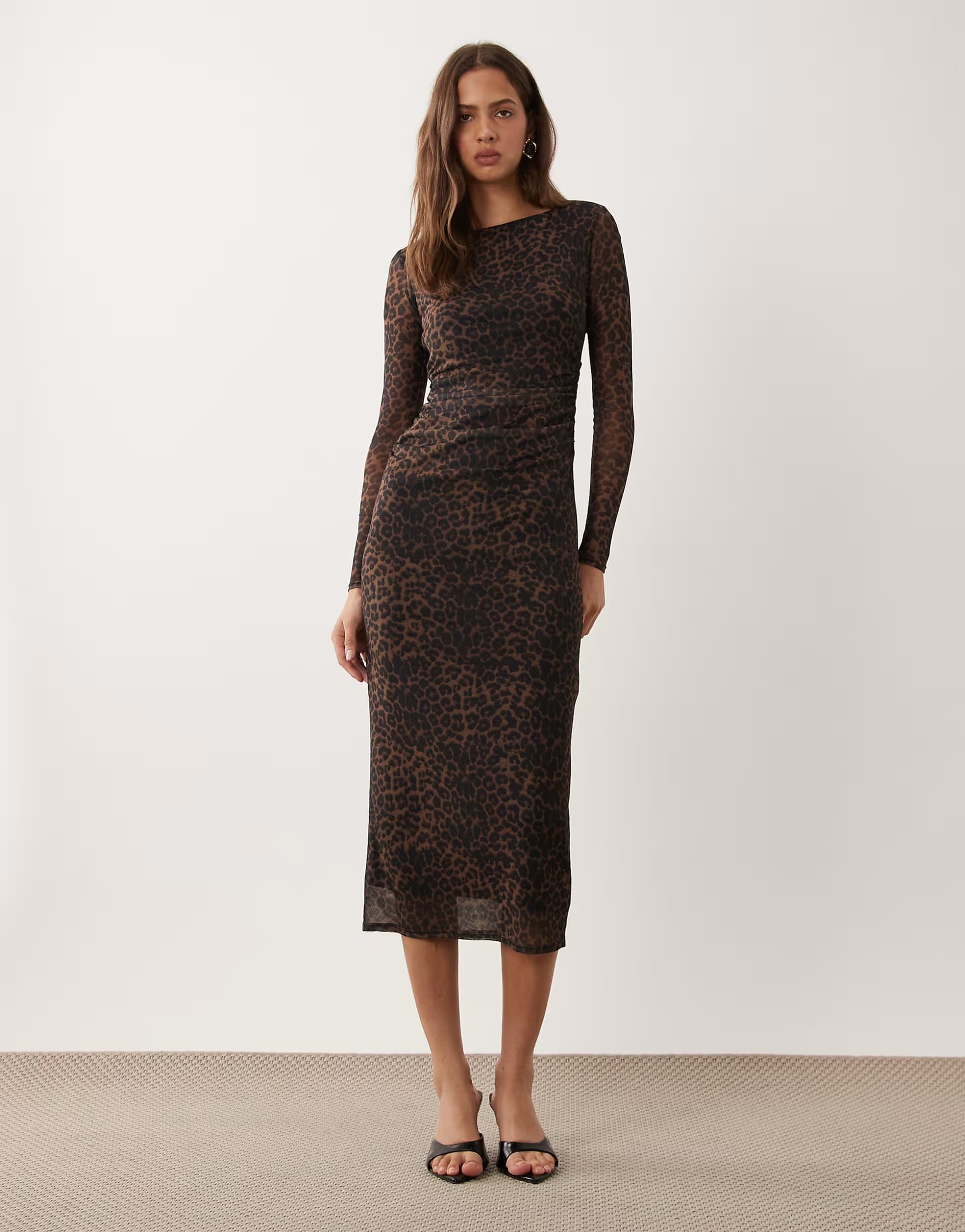 ASOS New Look ruched mesh midi dress in brown leopard print