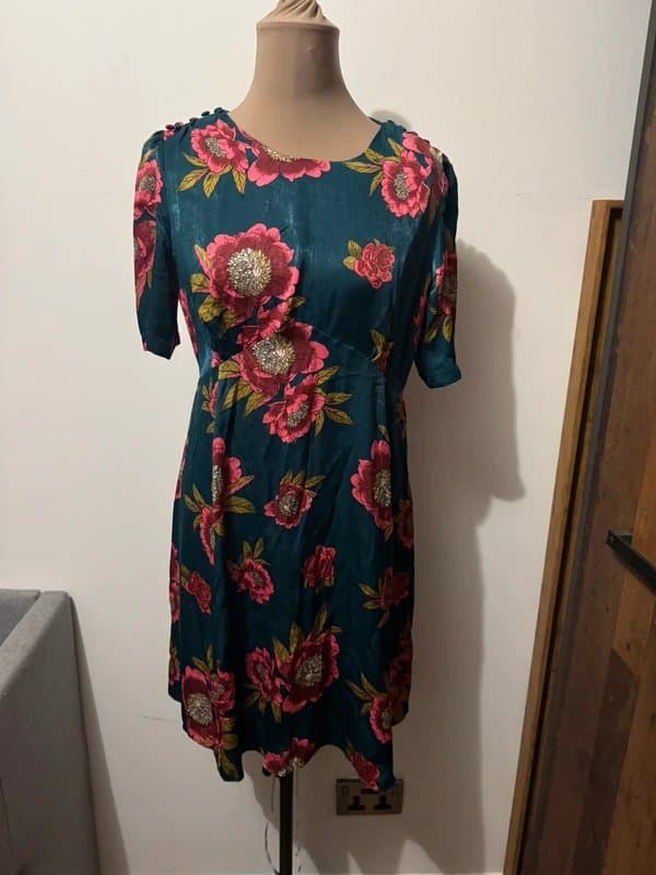 ASOS Design dark green pink flowers satin silky mini dress floaty short sleeve wedding guest size 14