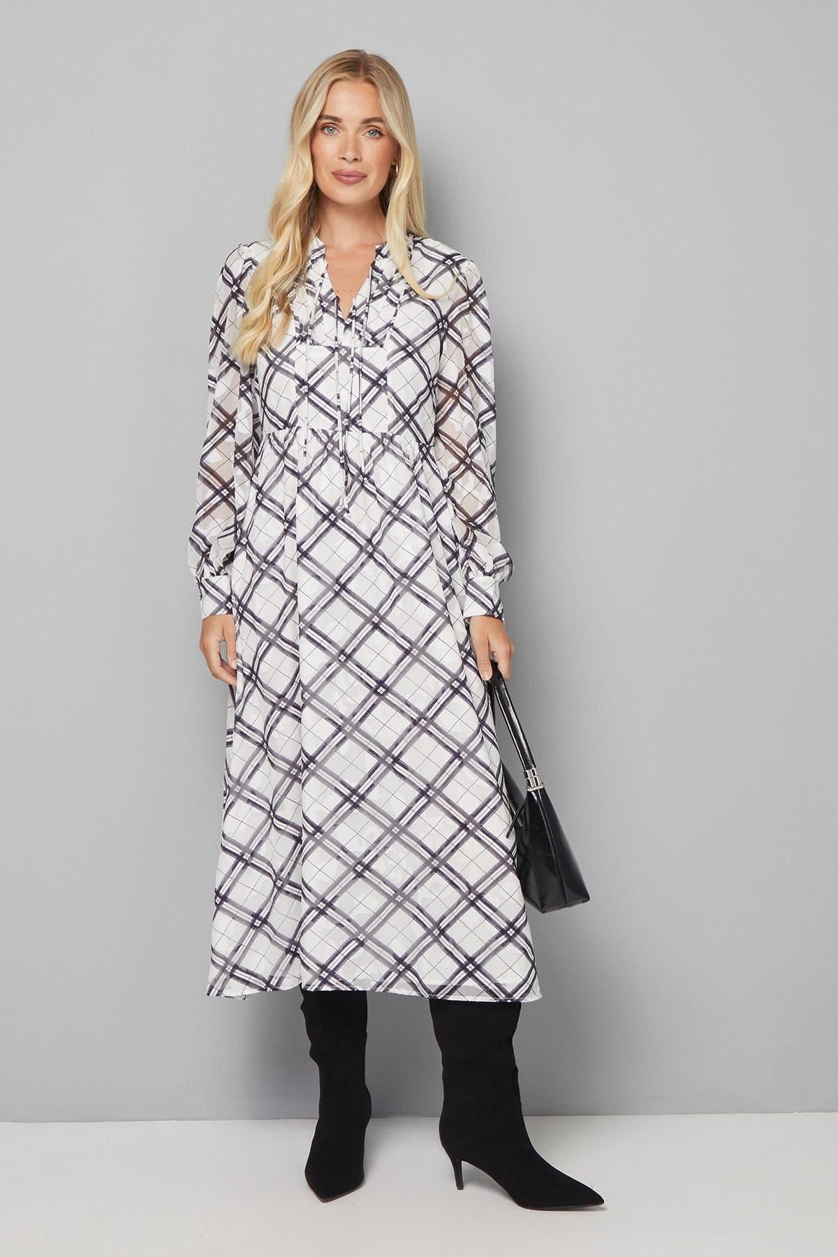 Wallis Wallis Women's White Petite Check Burn Out Tie Front Midi Dress