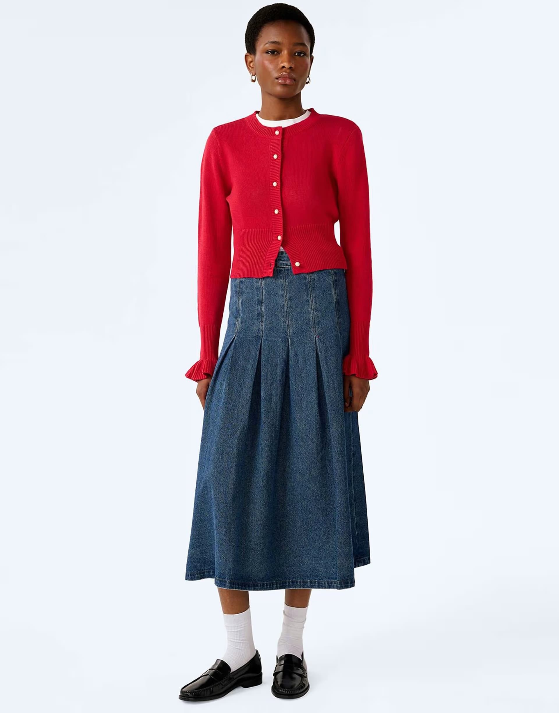 ASOS Omnes Skirts pru pleated denim midi skirt in mid-wash in blue
