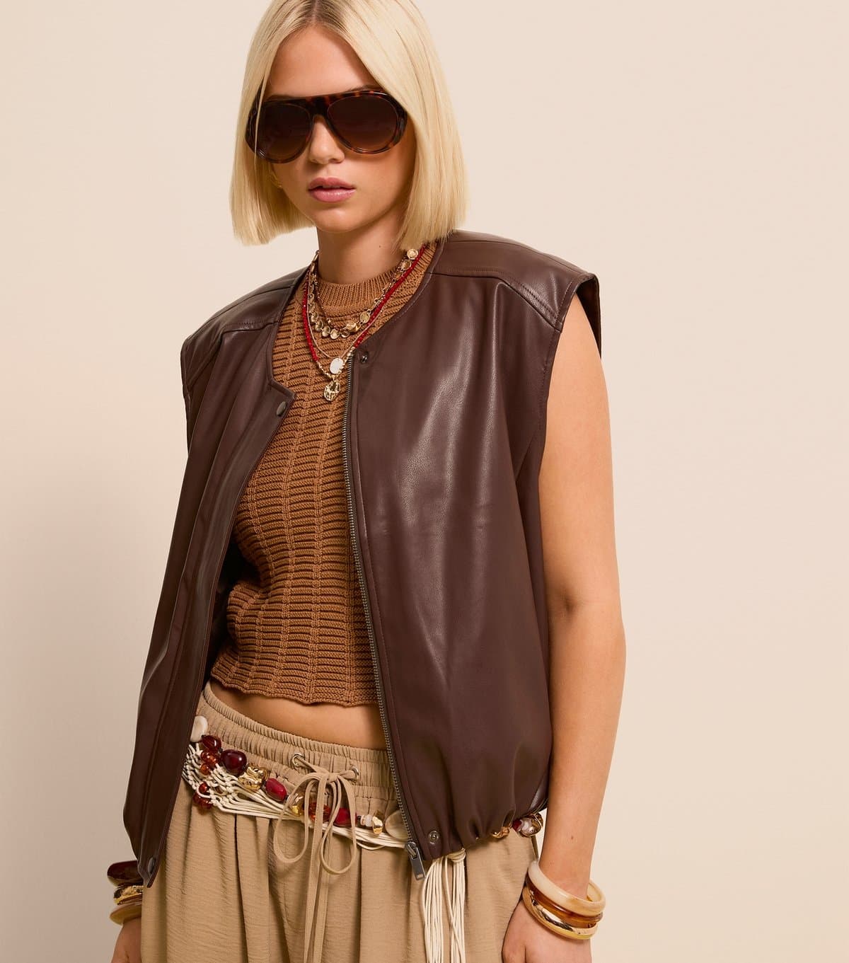 New Look Women's Brown Faux Leather Sleeveless Bubble Hem Jacket New Look