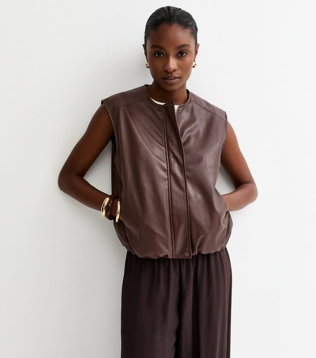 New Look Women's Brown Faux Leather Sleeveless Bubble Hem Jacket New Look - 2