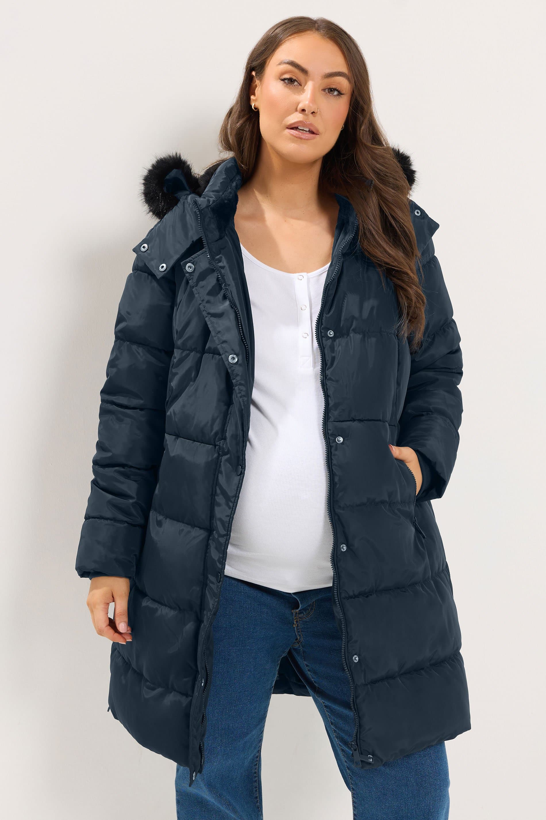 Bump It Up Maternity Plus Size Navy Blue Padded Midi Coat