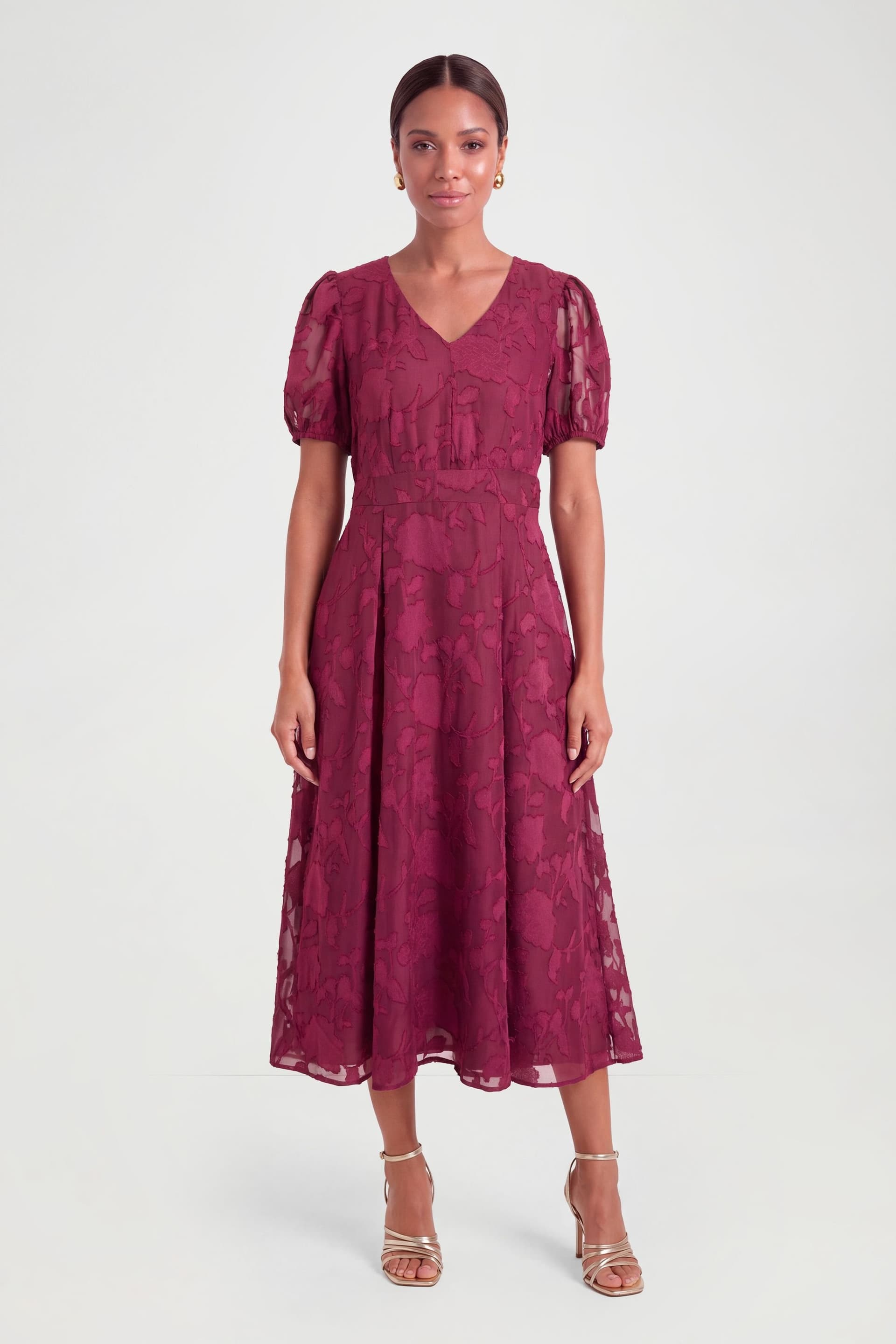 Principles Principles Women's Petite Floral Jacquard Puff Sleeve Midi Dress in Berry
