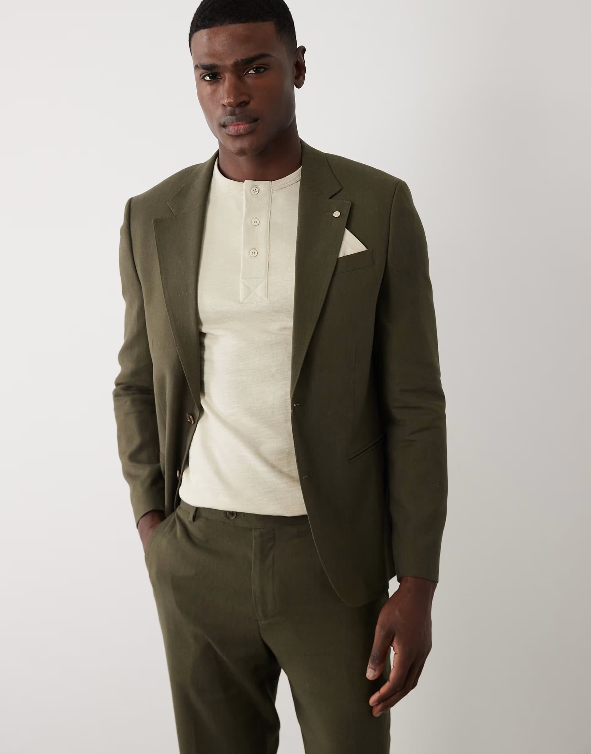 ASOS River Island double breasted linen blend suit jacket in khaki