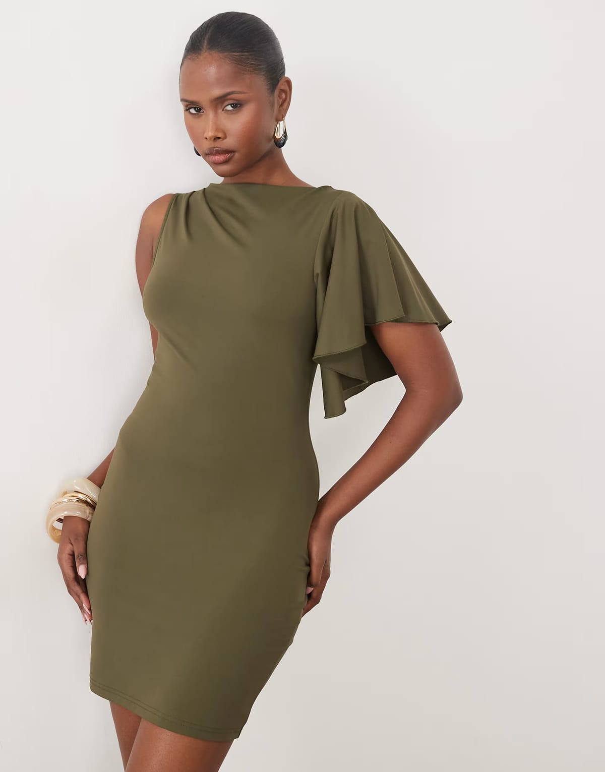 ASOS The Frolic exclusive one shoulder ruffle sleeve mini dress in khaki - 1