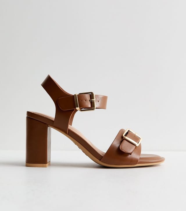 New Look Women's Wide Fit Tan Double Buckle Block Heel Sandals Vegan New Look - 2