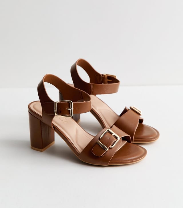 New Look Women's Wide Fit Tan Double Buckle Block Heel Sandals Vegan New Look - 3
