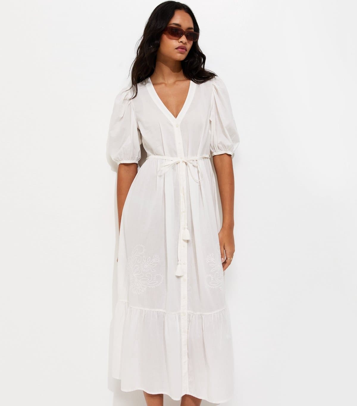 New Look Women's White Embroidered V Neck Smock Shirt Midi Dress New Look