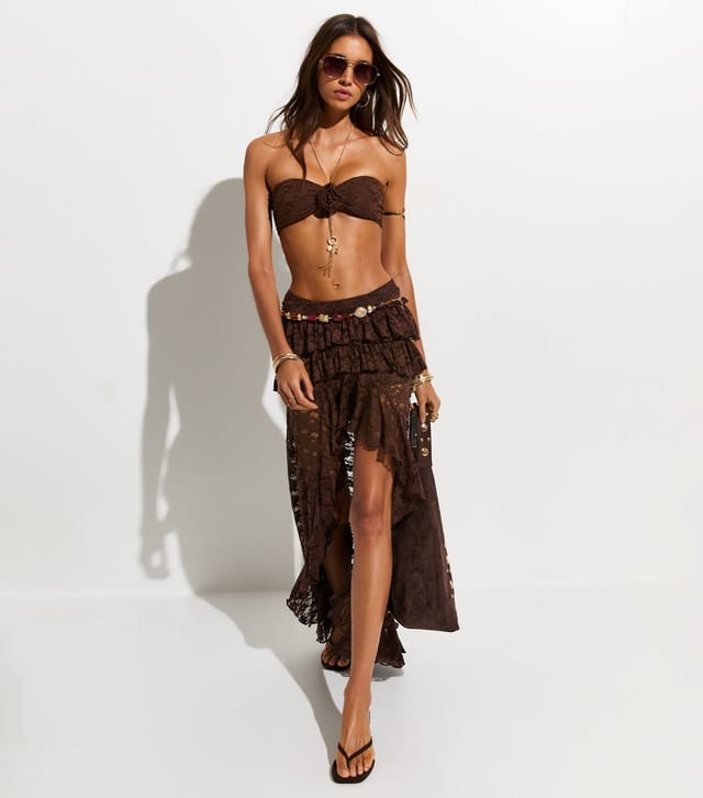 New Look Women's Dark Brown 3D Floral Lace Bandeau Bikini Top New Look - 3