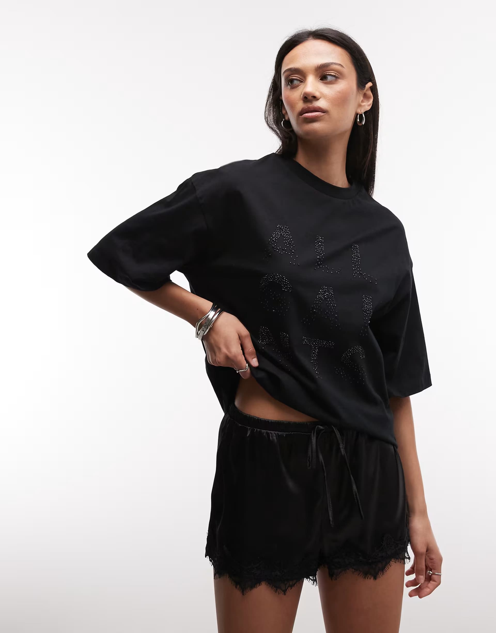 ASOS AllSaints Stacks Amelie short sleeve embellished logo t-shirt in black