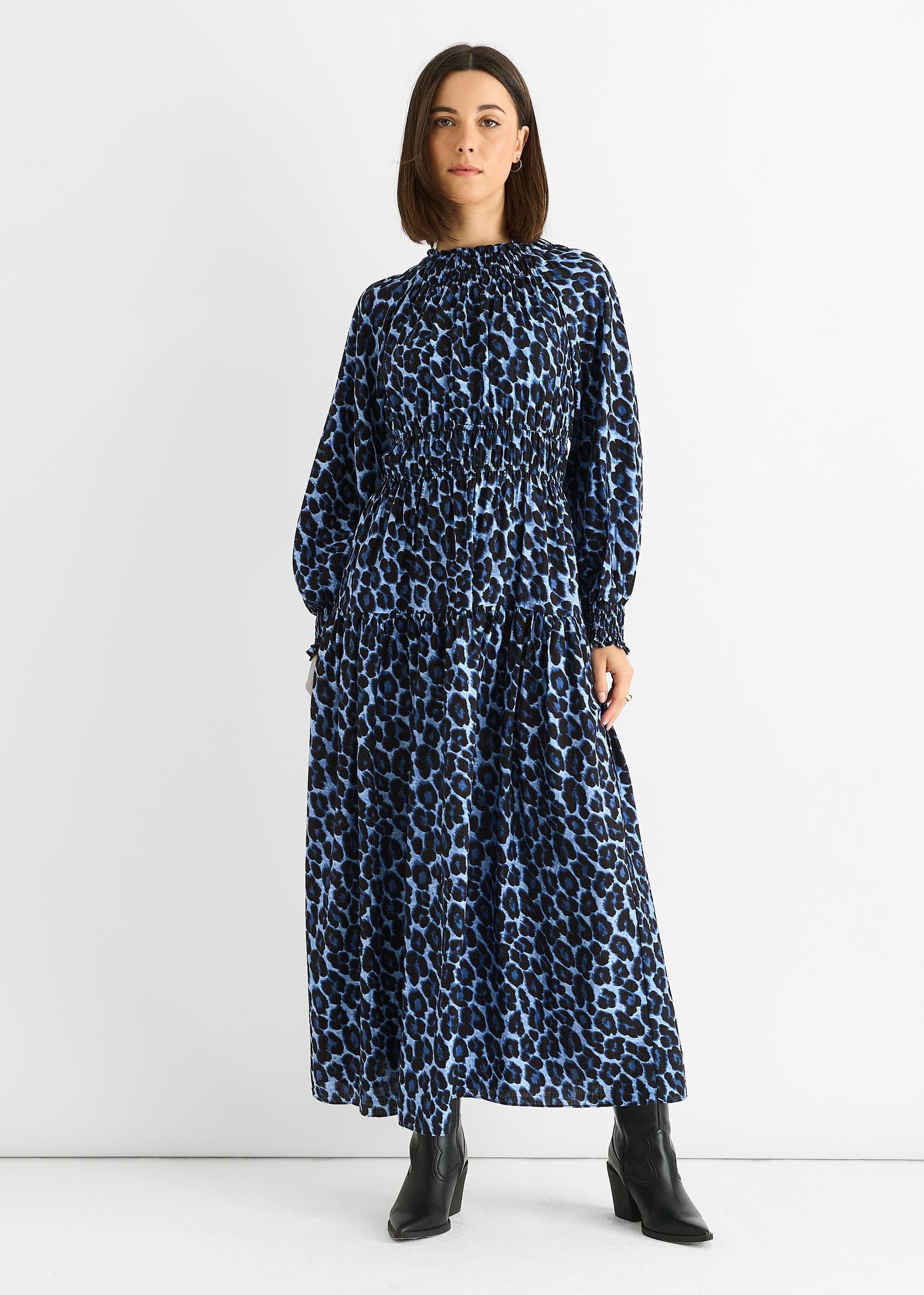 Gini London Gini London Women's Blue Animal Print Shirred High Neck Maxi Dress