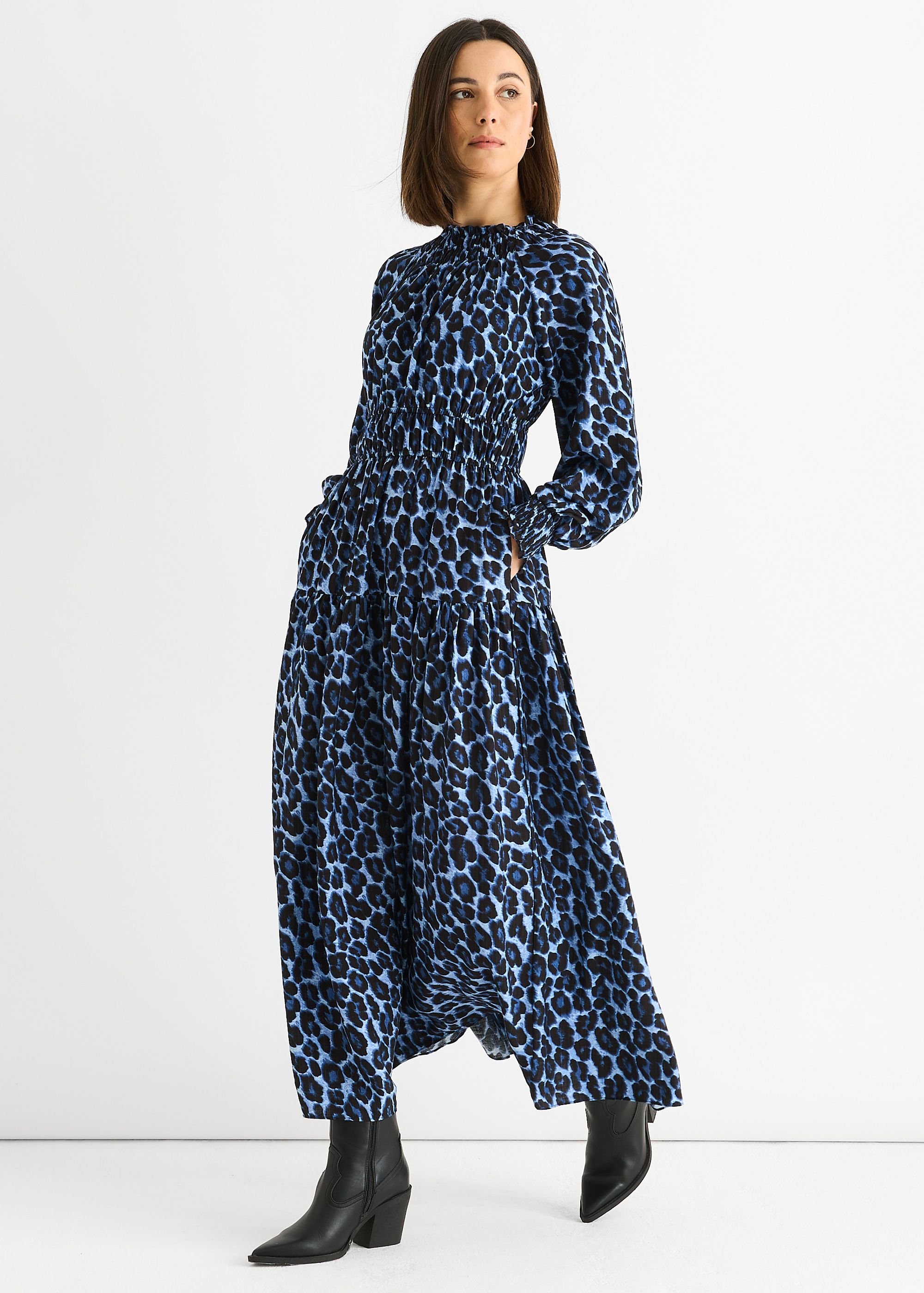 Gini London Gini London Women's Blue Animal Print Shirred High Neck Maxi Dress - 3
