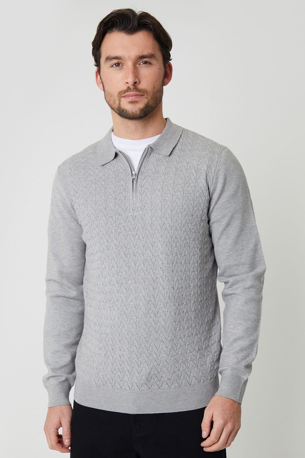 Threadbare Threadbare Men's Textured Knit Quarter Zip Polo Jumper in Light Grey