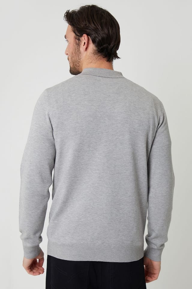Threadbare Threadbare Men's Textured Knit Quarter Zip Polo Jumper in Light Grey - 2