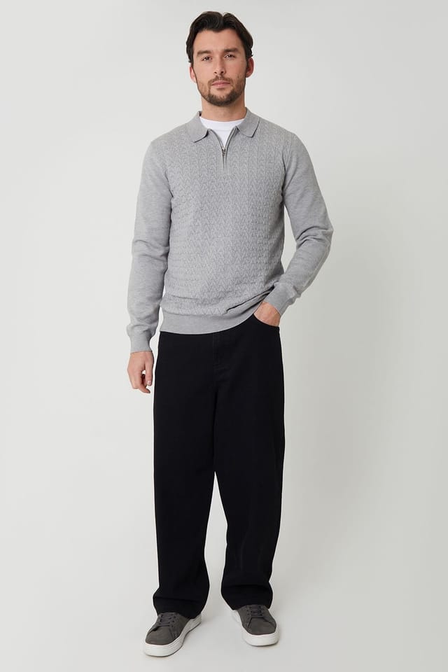 Threadbare Threadbare Men's Textured Knit Quarter Zip Polo Jumper in Light Grey - 3