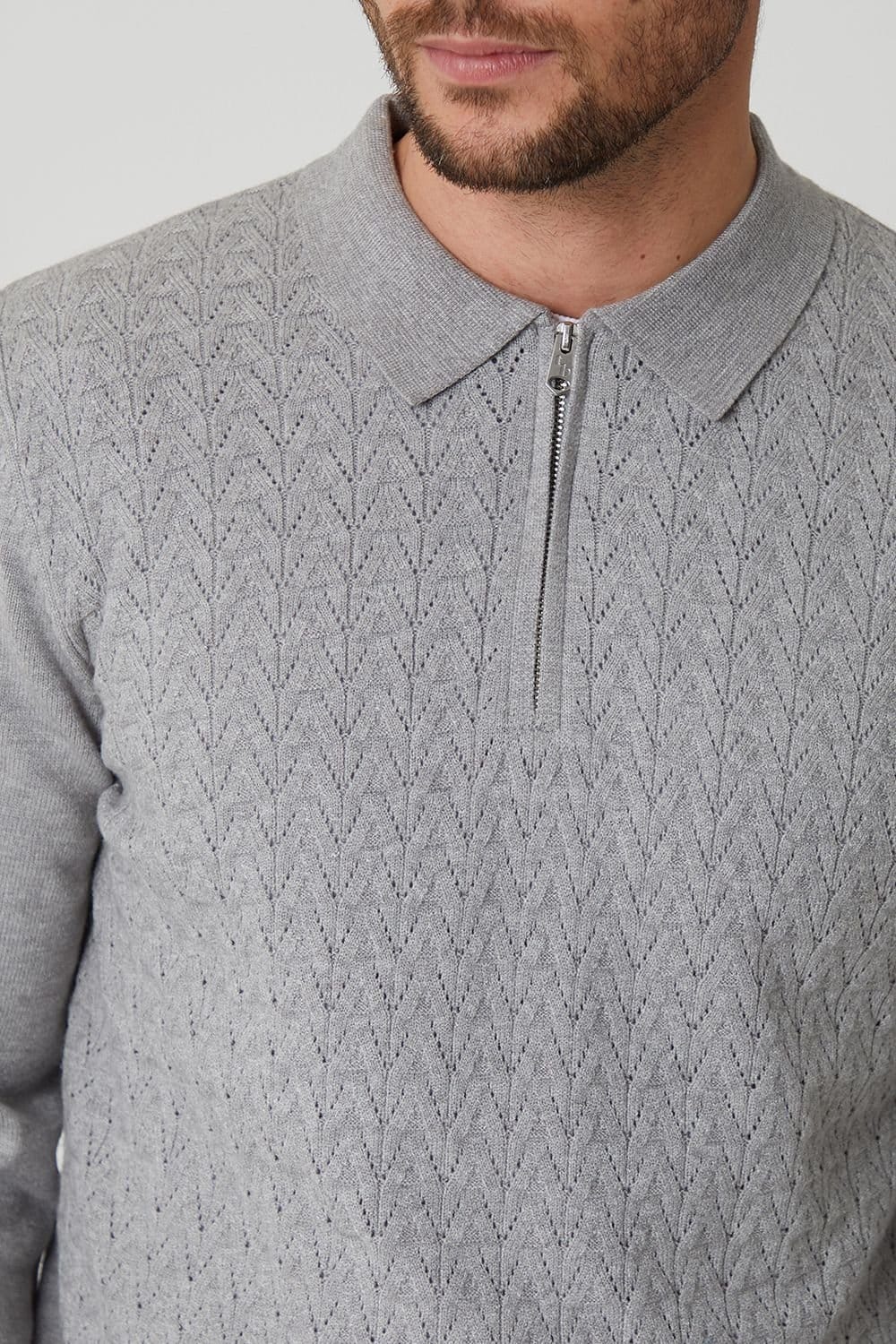 Threadbare Threadbare Men's Textured Knit Quarter Zip Polo Jumper in Light Grey - 4