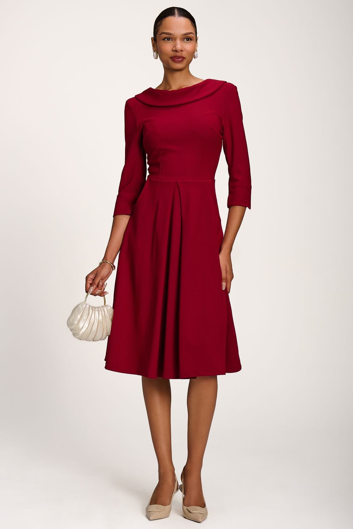 Jolie Moi Jolie Moi Women's Roll Neck ¾ Sleeve Midi Dress in Burgundy