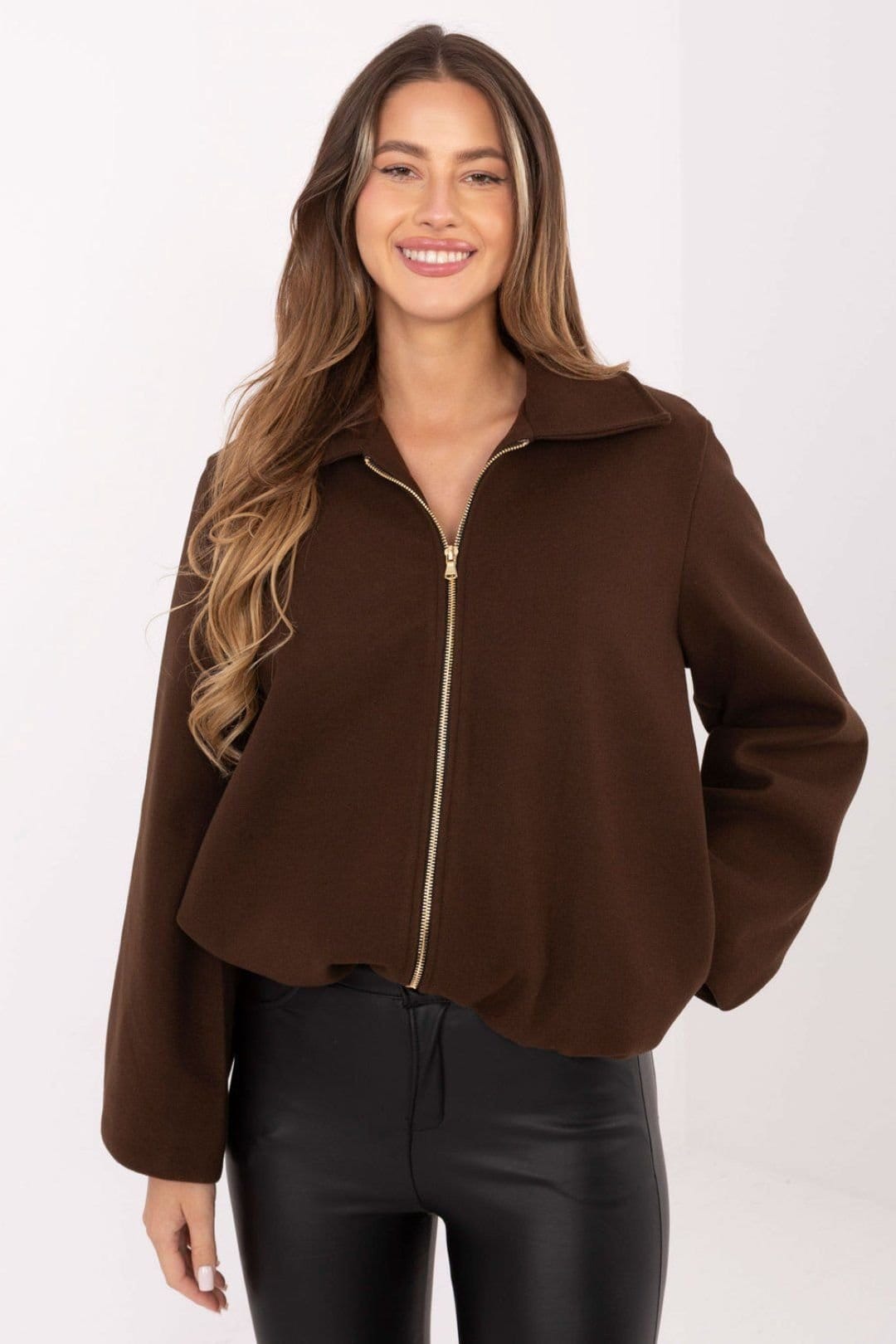 Love Lace Brown Puff Sleeve Zipper Jacket