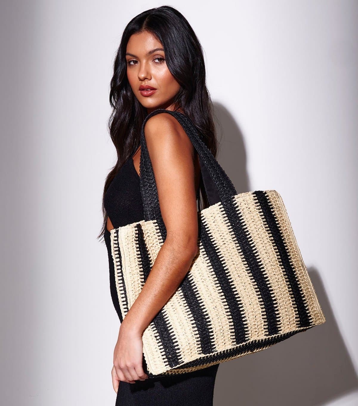 South Beach South Beach Black/Stone Straw Tote Bag