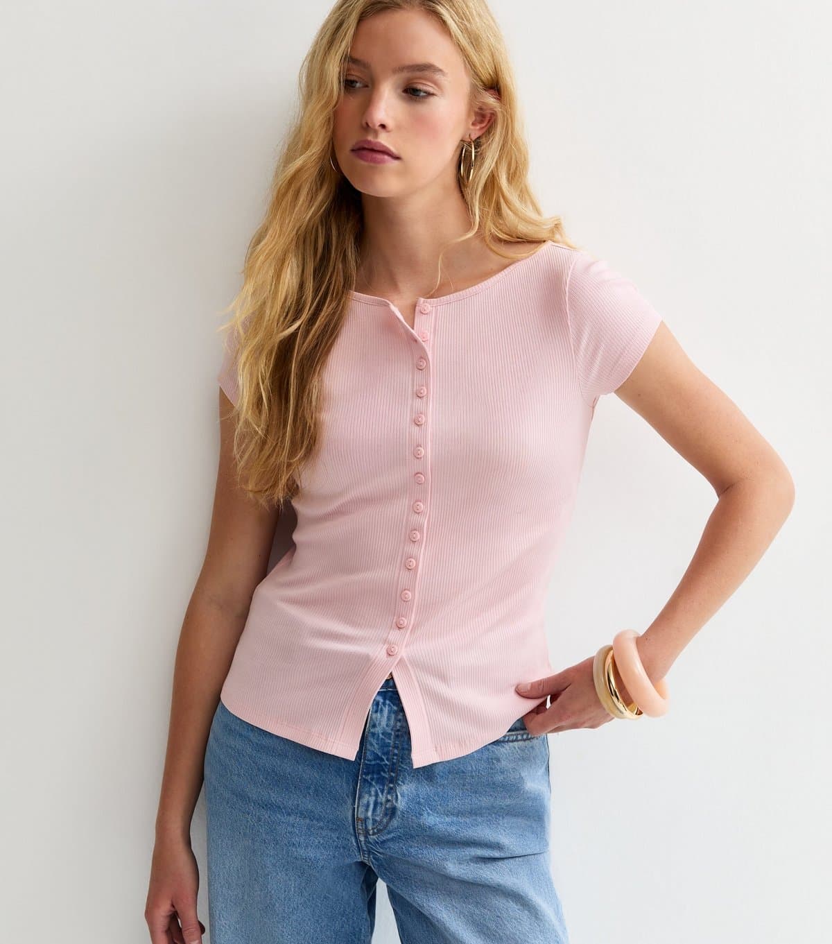 New Look Women's Light Pink Button Through Baby Tee New Look
