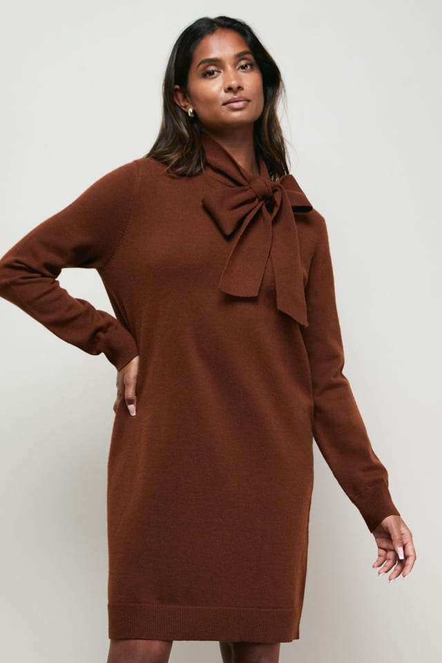 Oasis Oasis Women's Pussy Bow Knitted Mini Dress in Chocolate - 2