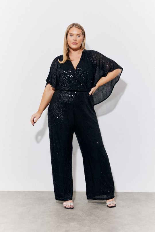 In The Style In The Style Women's Black Sequin Cape Style Wide Leg Jumpsuit - 3