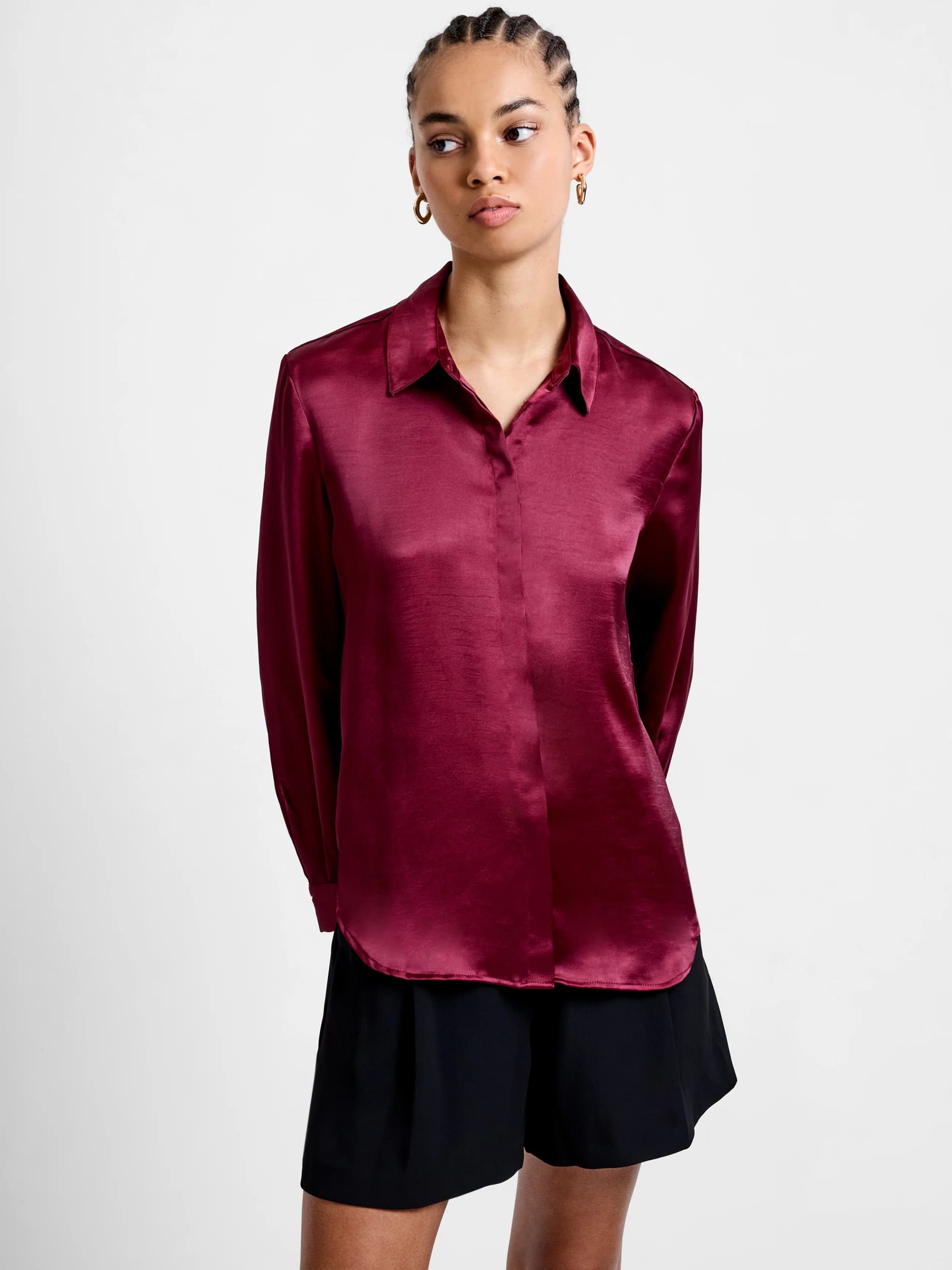 French Connection Irina Burgundy Satin Long Sleeve Shirt Bordeaux