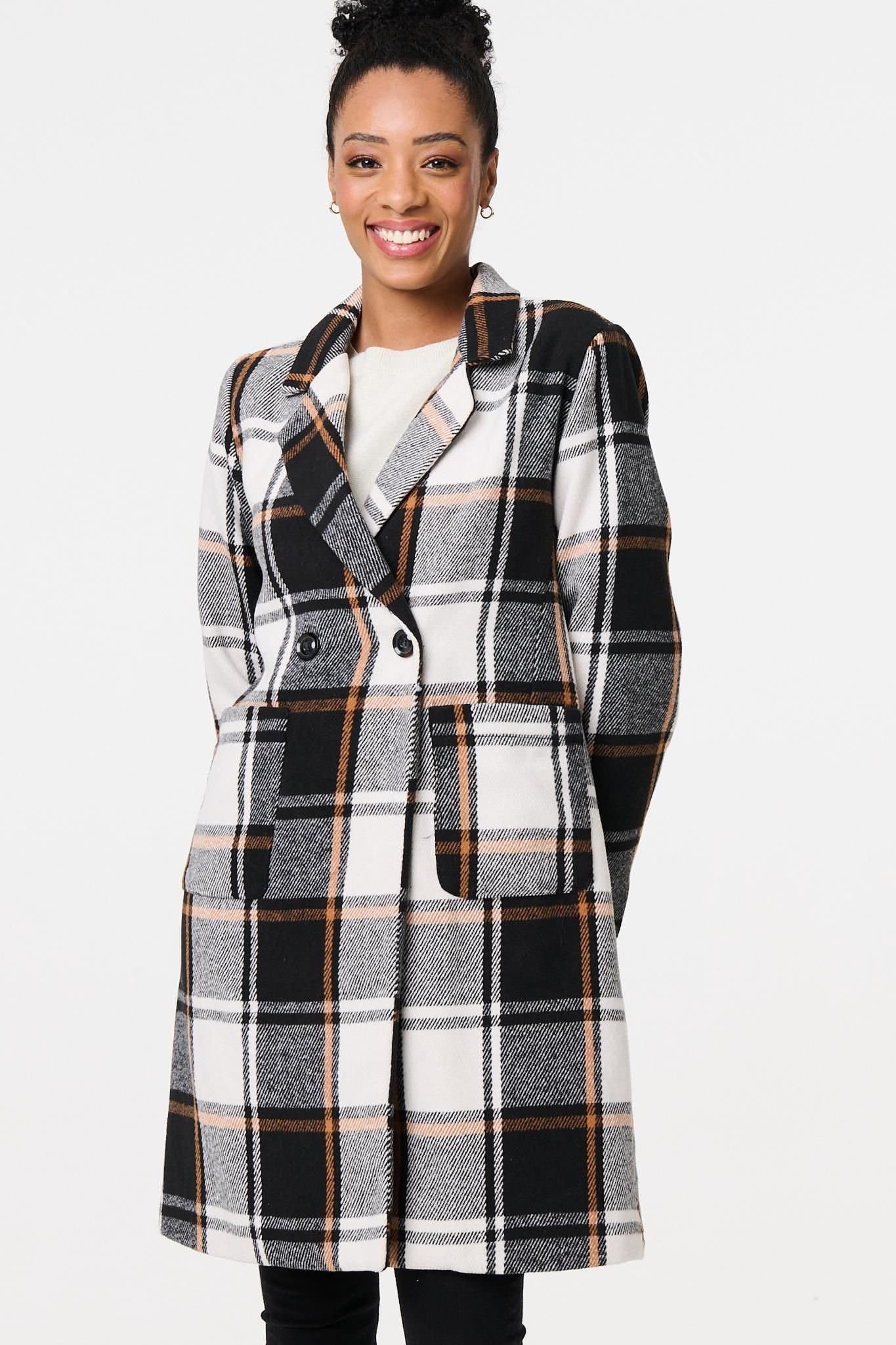 Izabel London Izabel London Women's Checked Double Breasted Trench Coat in Blue