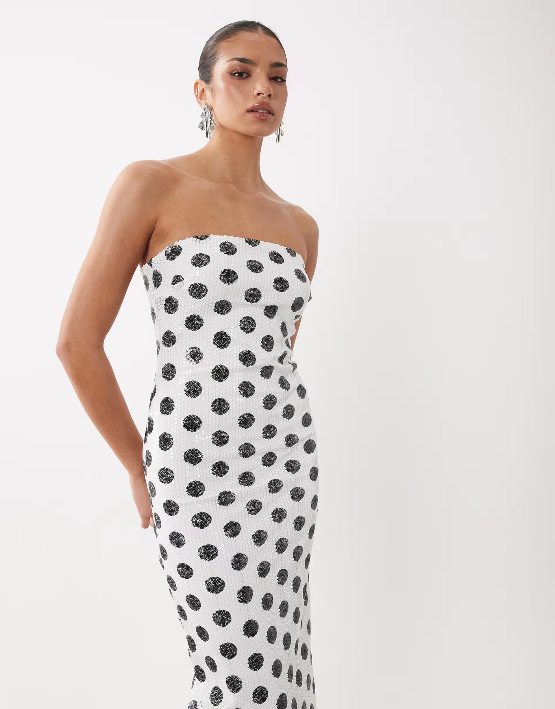 ASOS Rare London bandeau sequin maxi dress in mono polka dot