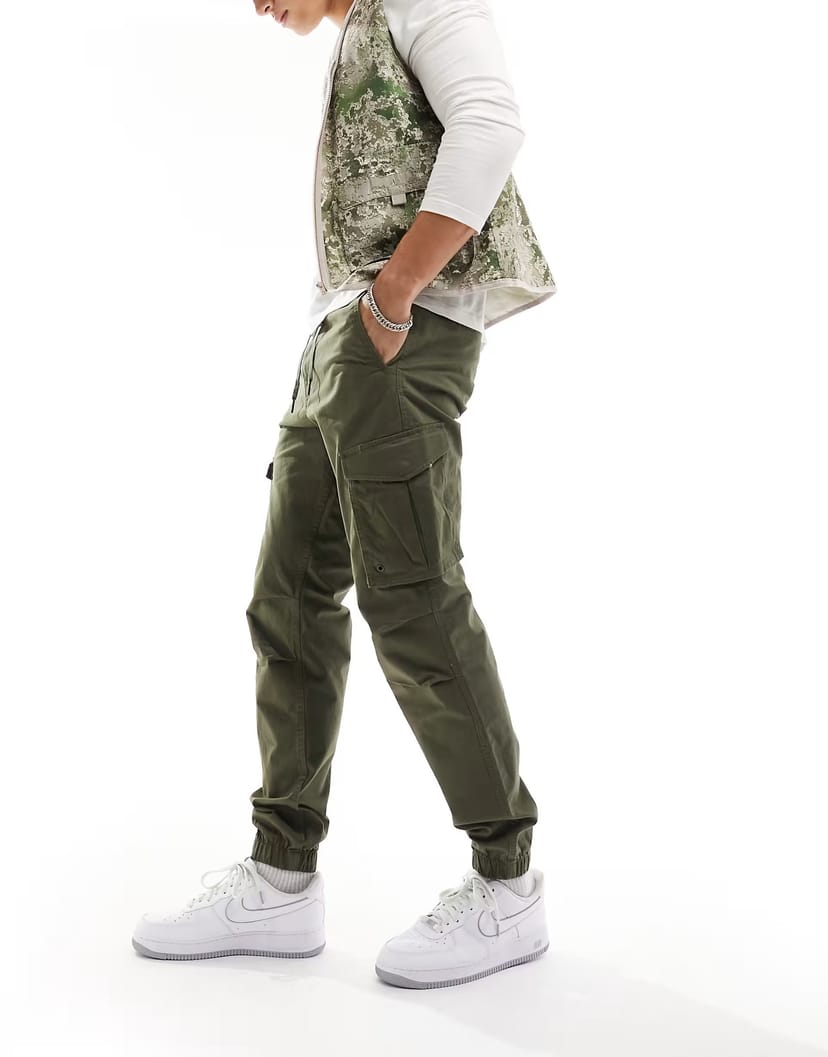 ASOS Jack & Jones tapered cuffed cargo in dark green - 1