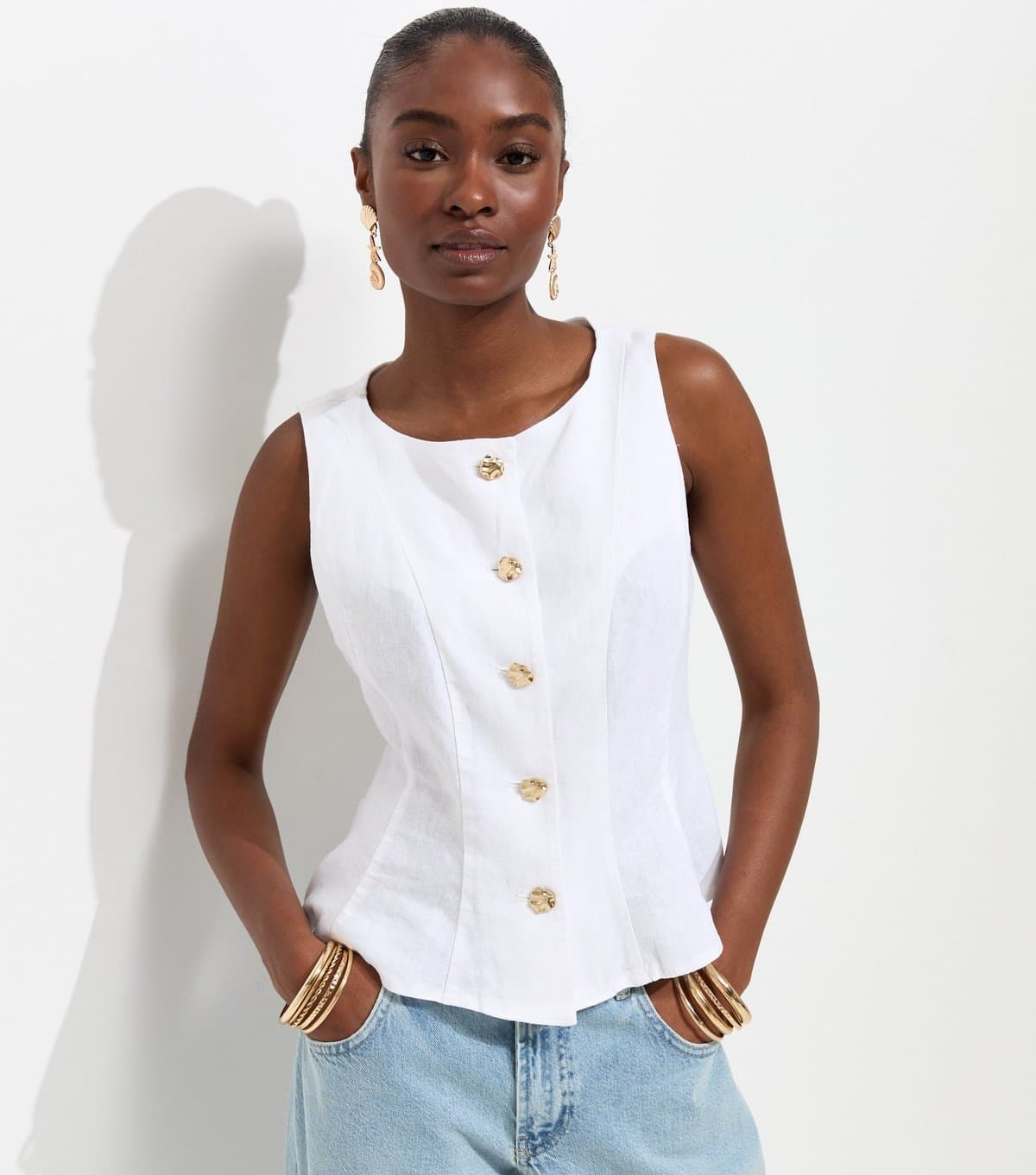New Look Women's Off White Linen Rich Gold Tone Button Waistcoat New Look