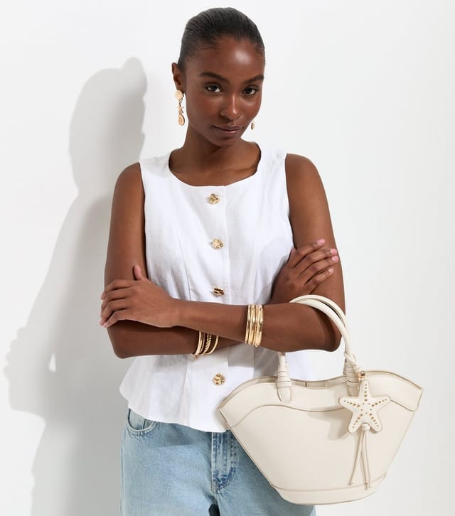 New Look Women's Off White Linen Rich Gold Tone Button Waistcoat New Look - 2