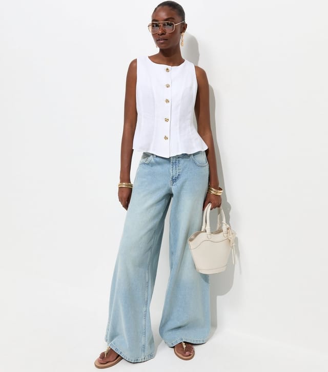 New Look Women's Off White Linen Rich Gold Tone Button Waistcoat New Look - 3