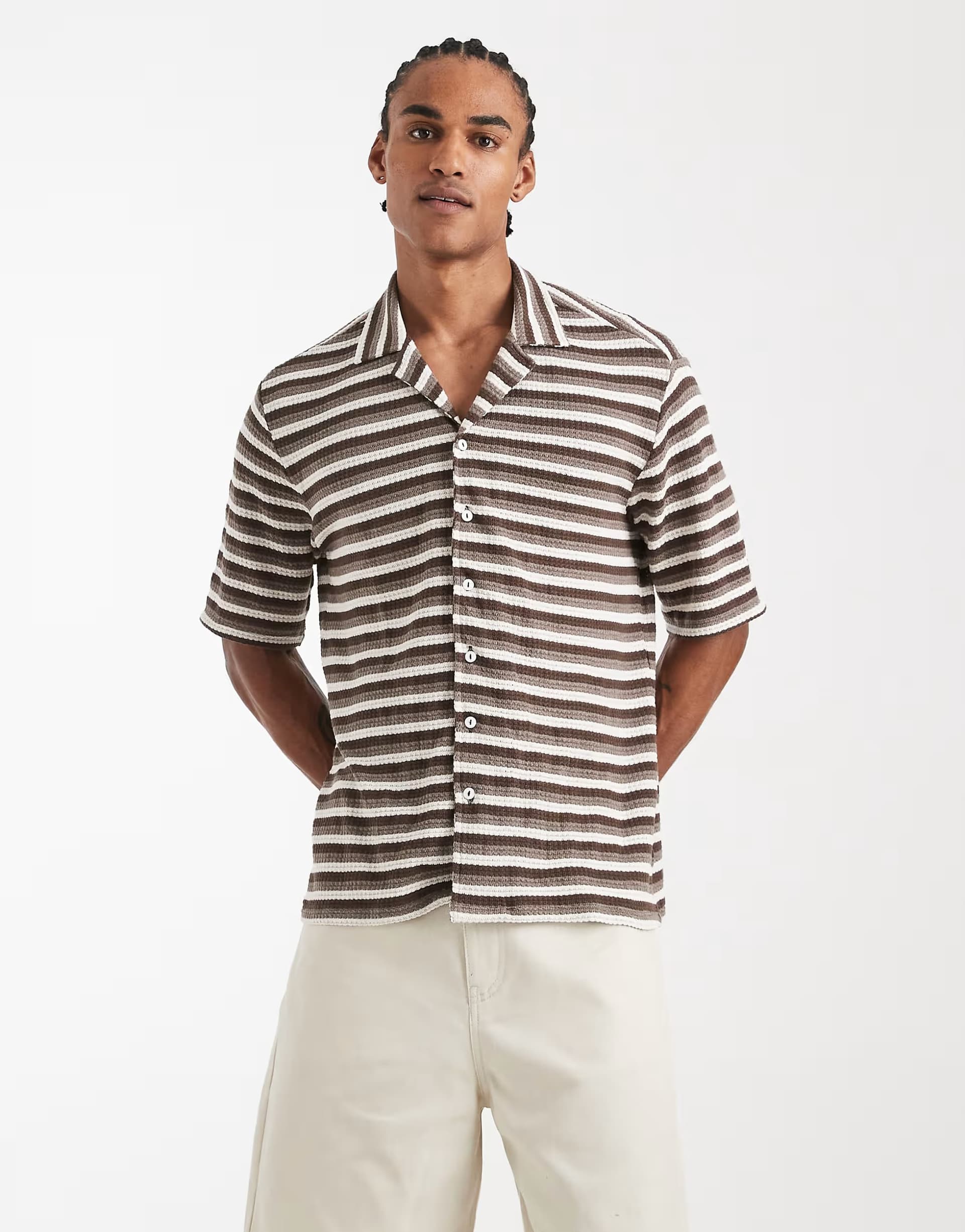 ASOS Sol Beach beach shirt in multi brown stripe