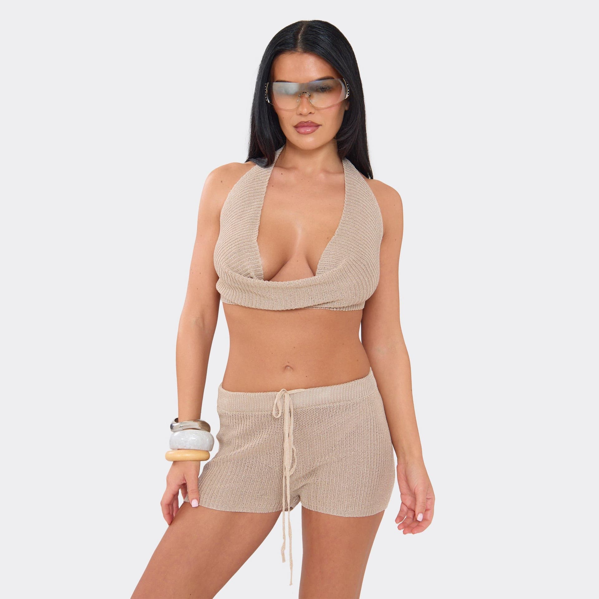 EGO Cowl Halterneck Top And Mid Rise Mini Shorts Co-Ord Set In Gold Knit, Women's Size UK L