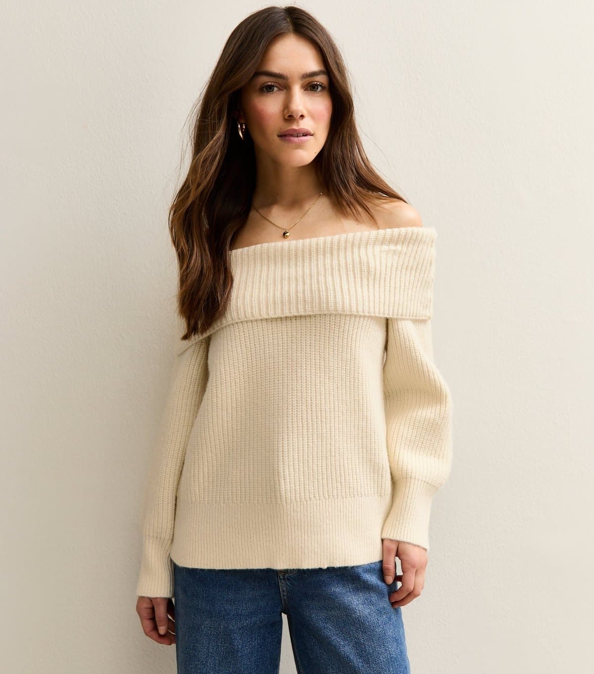 New Look Women's Petite Cream Ribbed Bardot Off The Shoulder Jumper New Look