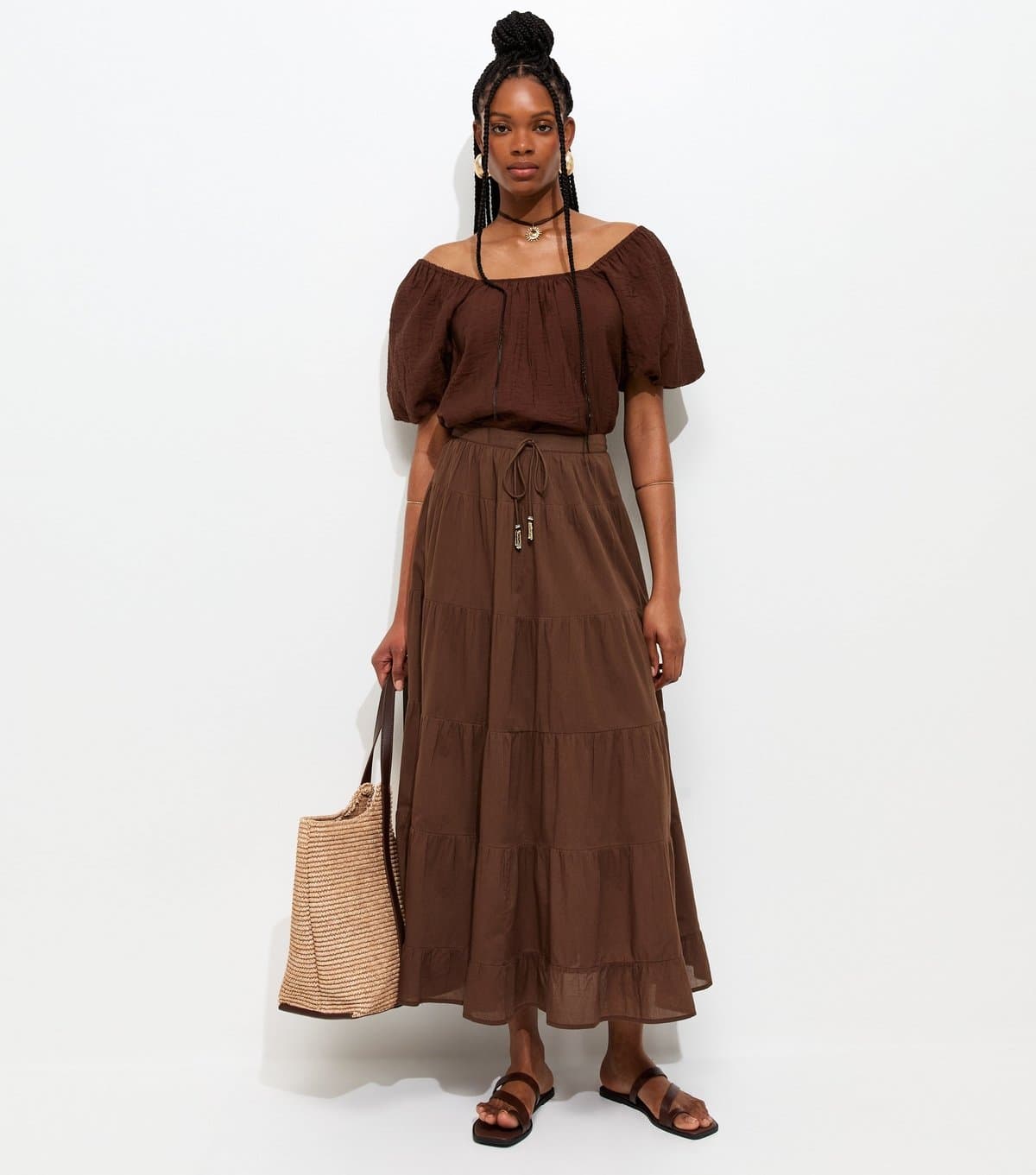 New Look Women's Brown Tiered Midi Skirt New Look