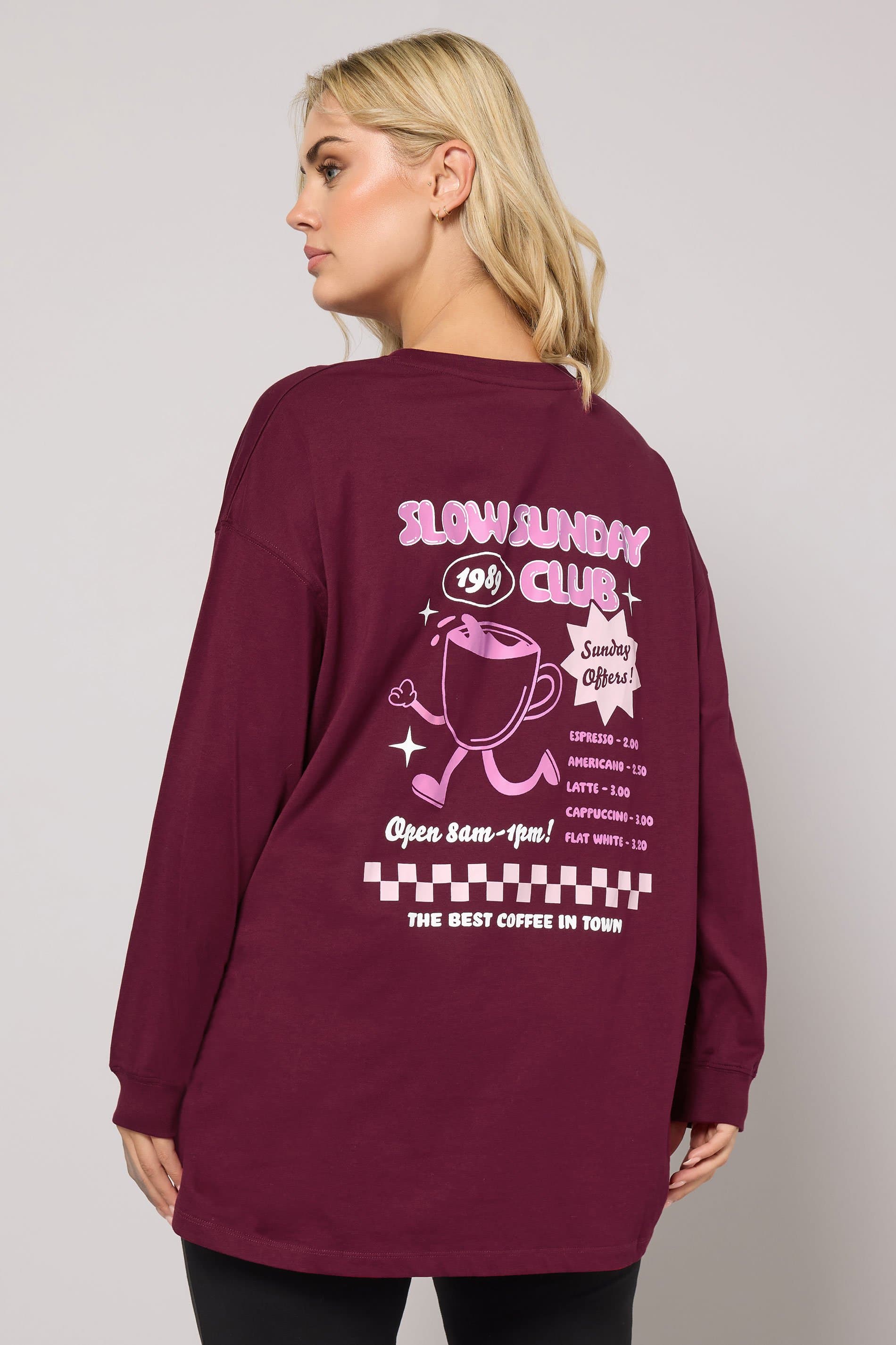 Yours Plus Size Burgundy Red 'Slow Sunday Club' Slogan Tshirt