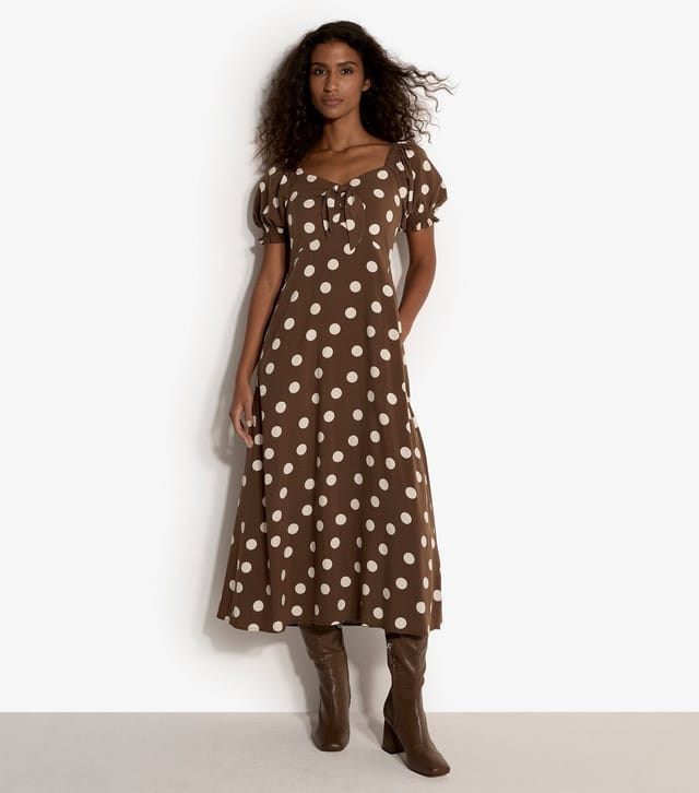 Apricot Women's Brown Polka Dot Puff Sleeve Midi Dress Apricot New Look - 2