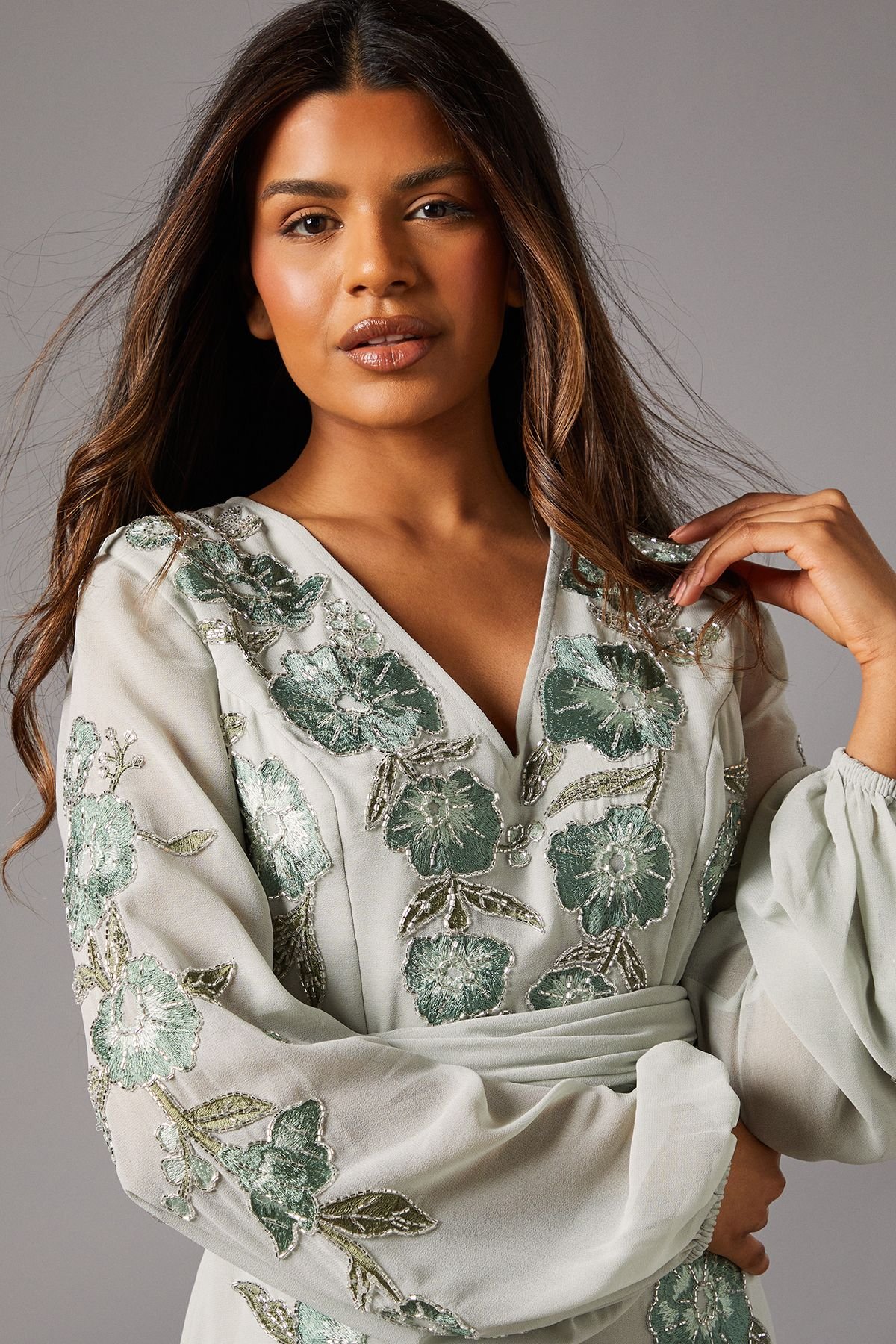 Coast Coast Women's Petite Sequin Embellished & Embroidered Hi-Lo Maxi Dress in Sage - 3