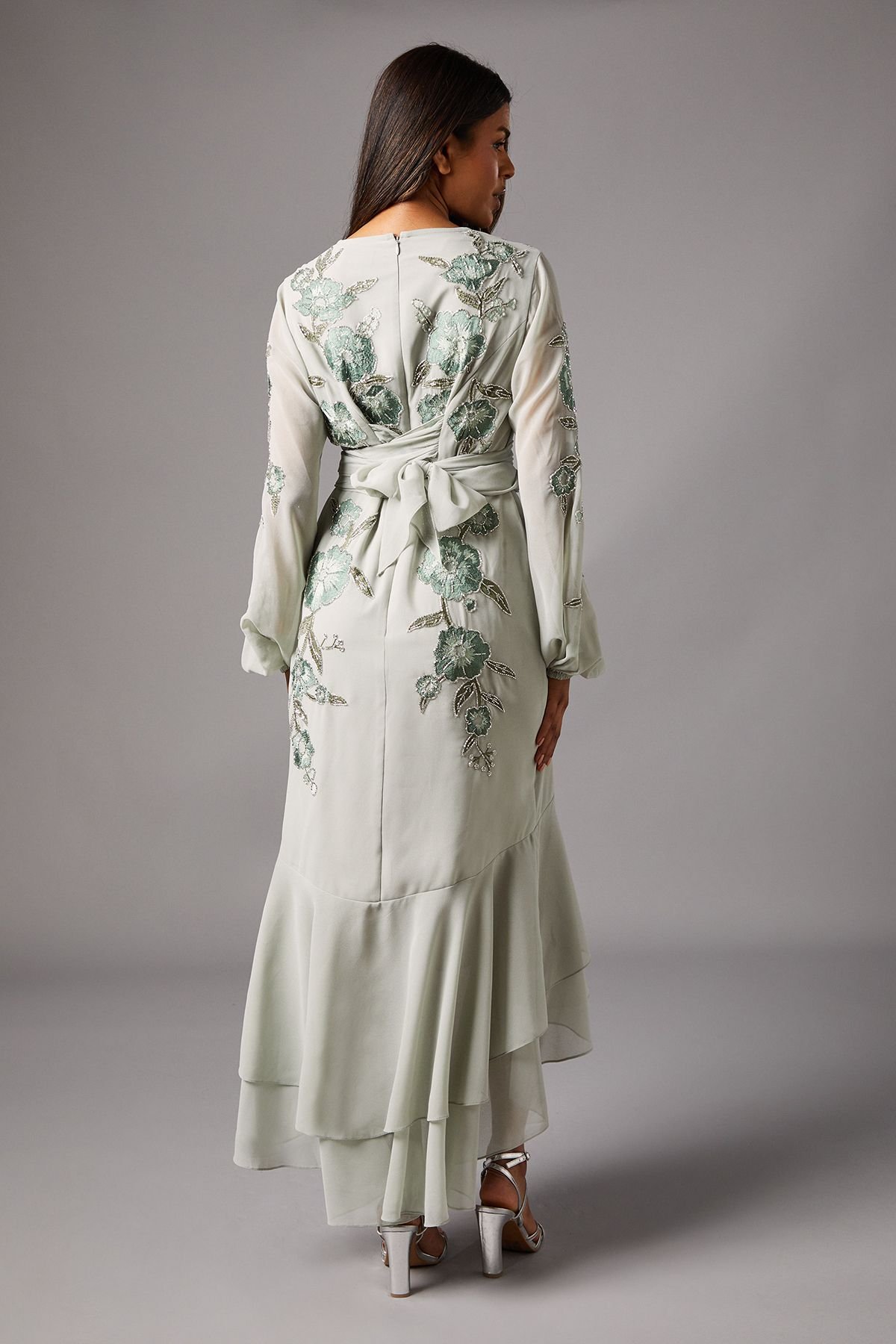 Coast Coast Women's Petite Sequin Embellished & Embroidered Hi-Lo Maxi Dress in Sage - 4