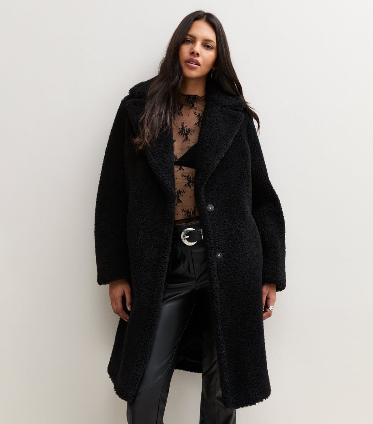 New Look Women's Black Collared Borg Midi Coat New Look