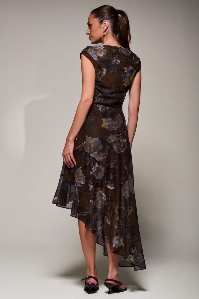 Jolie Moi Jolie Moi Women's Asymmetrical Draped Mesh Midaxi Dress in Brown - 2